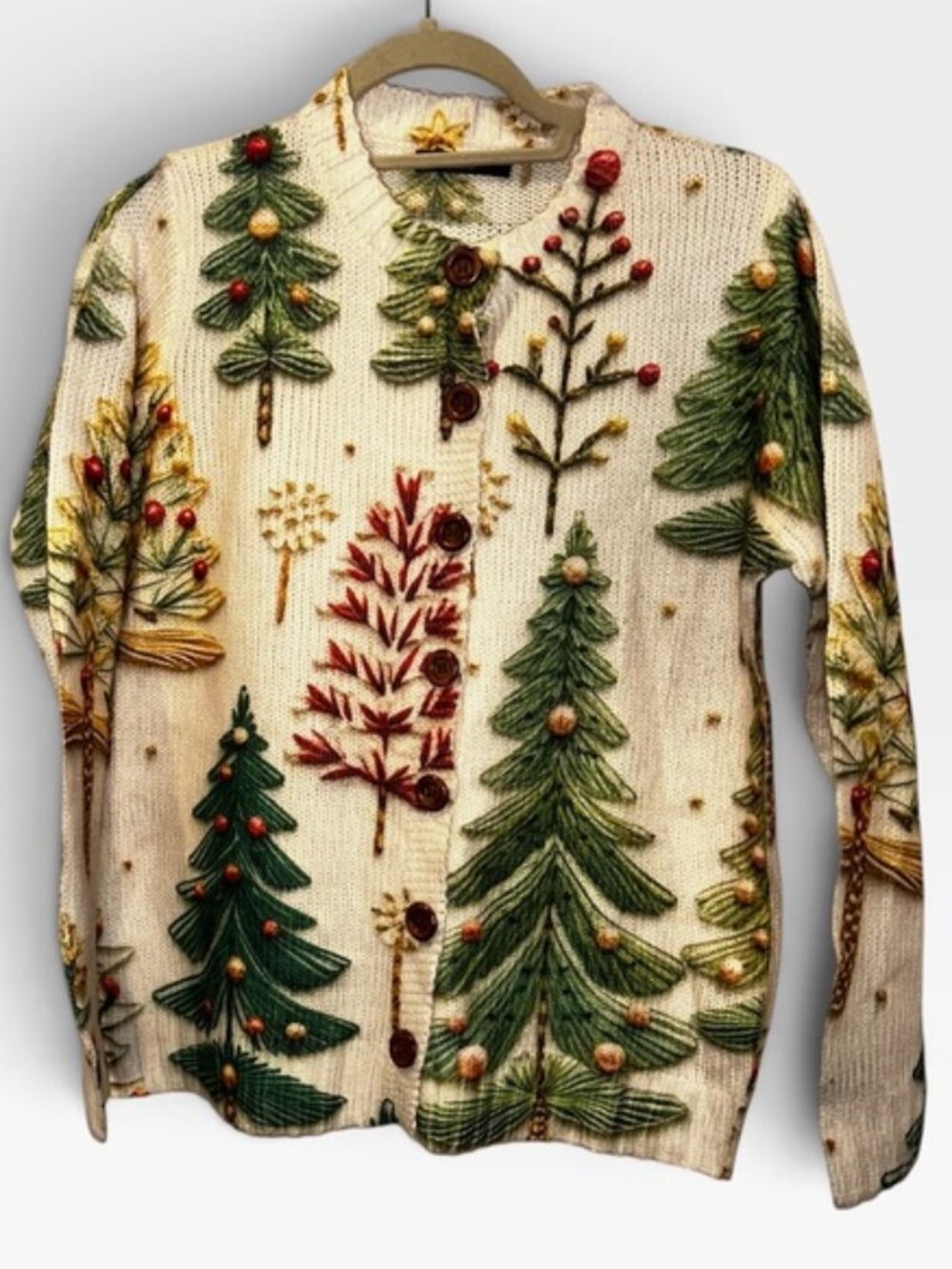 Shall We Pine trees Christams print cardigan sweater L NEW